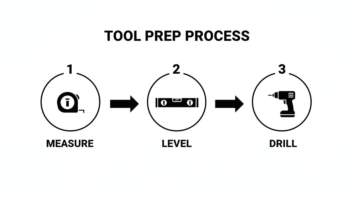 A visual guide illustrating a three-step tool preparation process: measure, level, and drill, essential steps for how to hang window blinds inside mount.