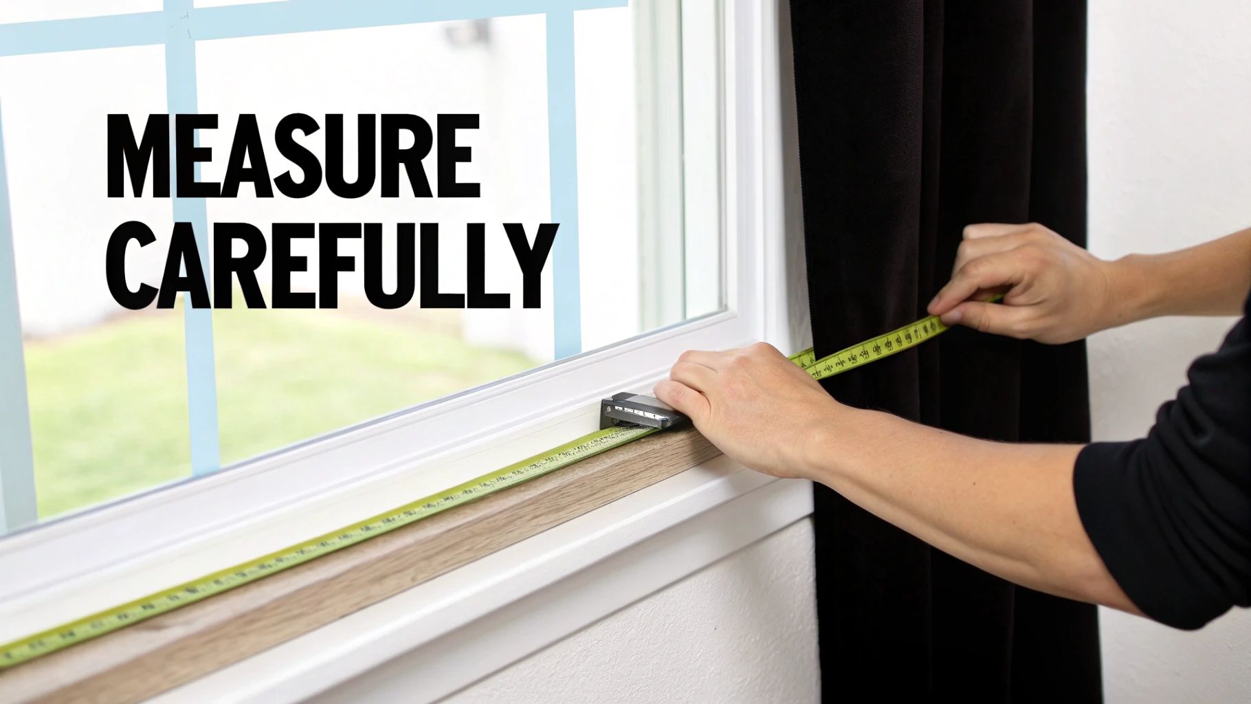A person carefully measuring a window frame and dark curtains with a yellow tape measure.