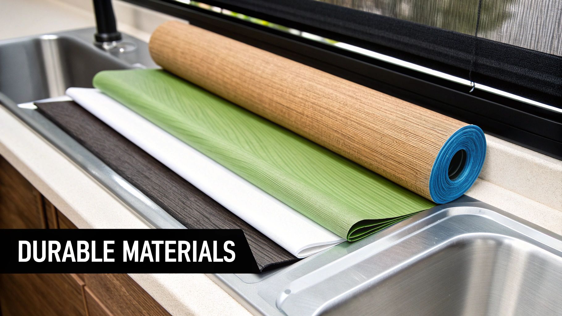 Rolls of durable materials in brown, green, white, and dark brown on a kitchen counter.