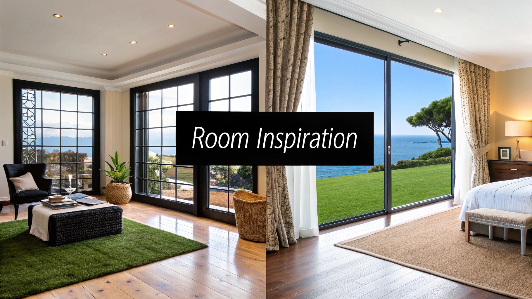 Luxurious living room and bedroom featuring floor-to-ceiling windows with elegant drapery and ocean views
