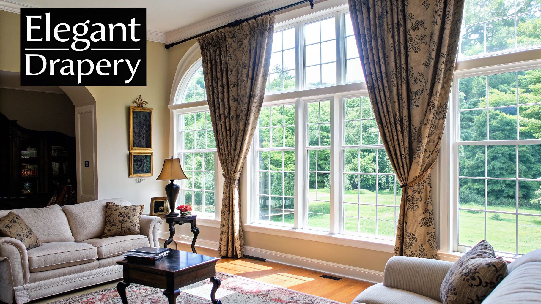 A bright living room with large windows dressed in light, floor-to-ceiling curtains.