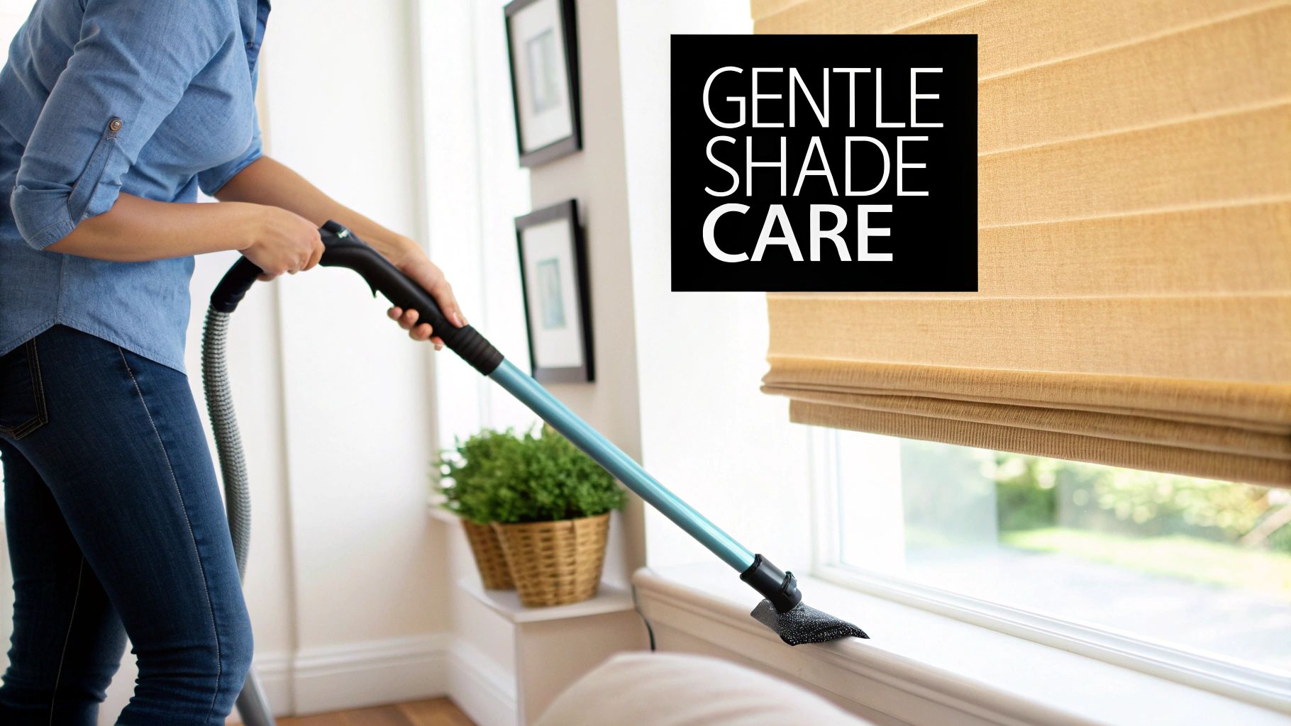 A person gently vacuums a window sill below elegant pleated shades, demonstrating careful shade care.