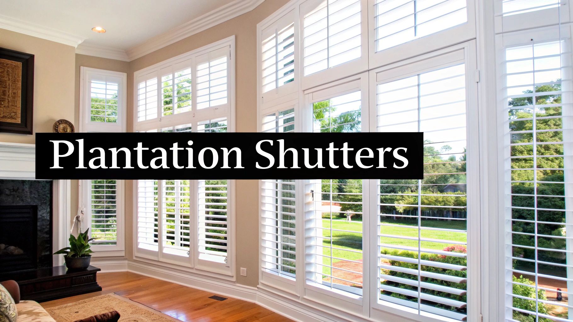 White plantation shutters in a brightly lit living room, showcasing their architectural appeal.