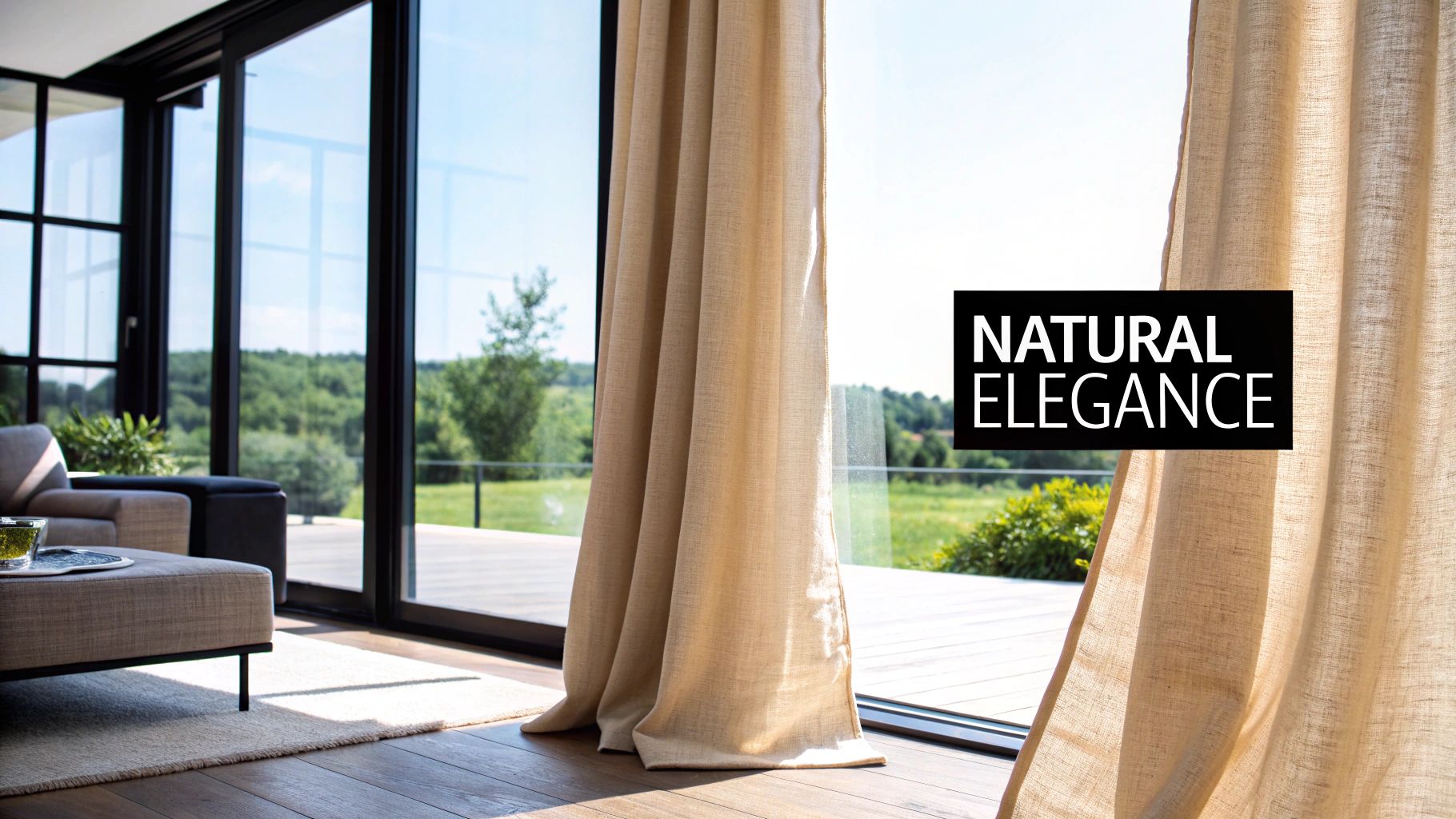 A modern living room with large windows, beige linen curtains, and a view of a green landscape.