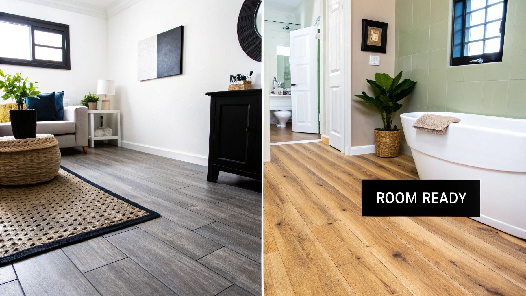 Side-by-side image of two rooms showcasing different plank flooring: grey in a living area and light brown in a bathroom.