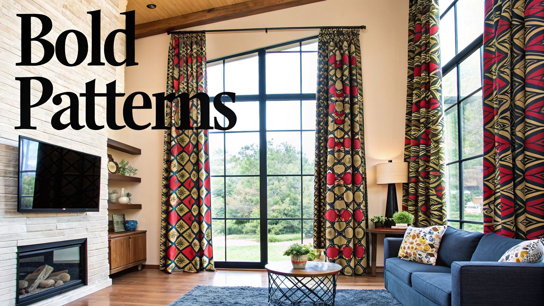 A stylish living room with large windows dressed in elegant, neutral-colored solid curtains.