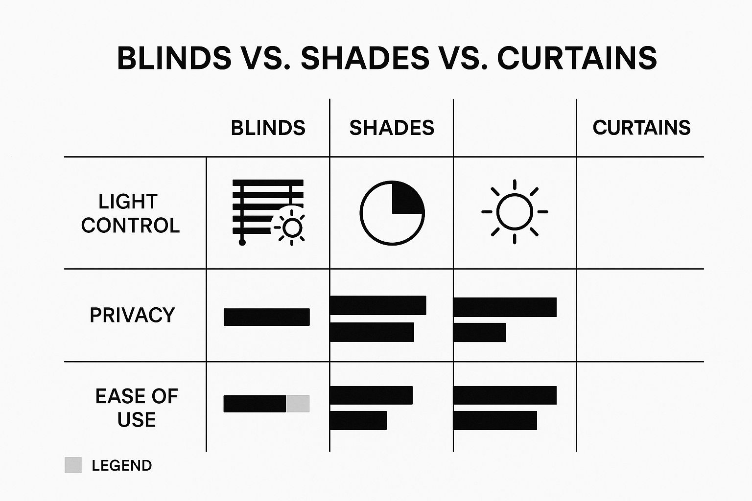 Infographic comparing light control, privacy, and ease of use for blinds, shades, and curtains on door windows.