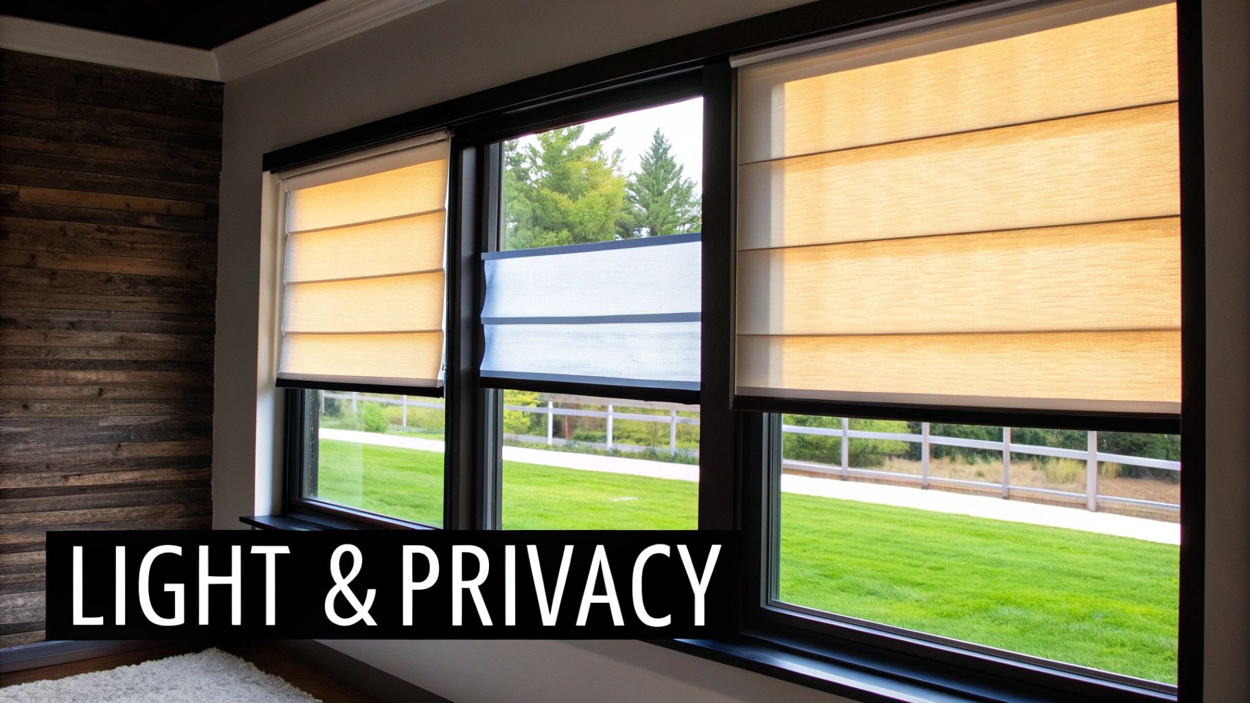 Three windows with adjustable shades, including Roman shades, offering versatile light control and privacy for a room.