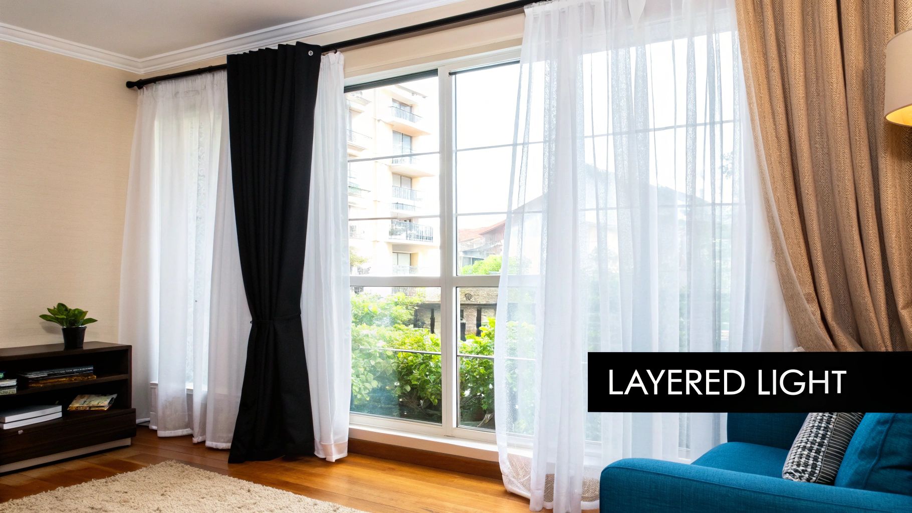 A bright living room where sheer white curtains diffuse sunlight, layered under elegant beige drapes pulled back to the sides.