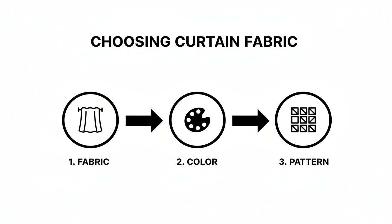 Flowchart illustrating three steps for choosing curtain fabric: fabric type, color, and pattern design.
