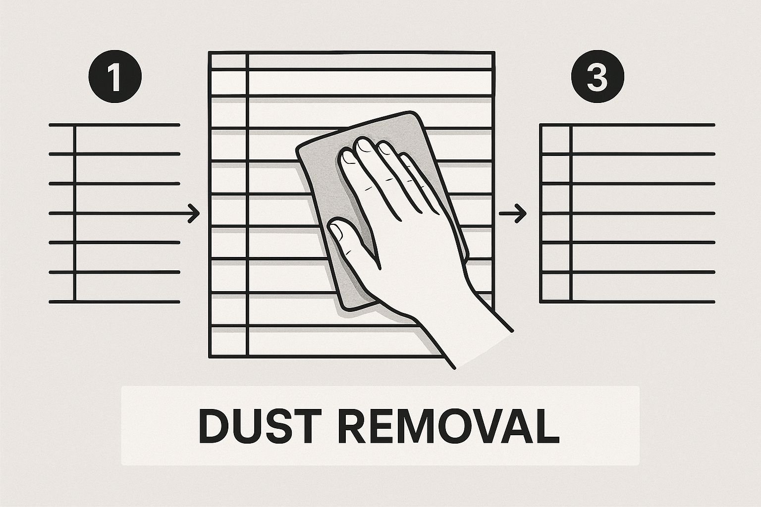 Two hands demonstrating how to clean venetian blinds with a special multi-slat duster tool.