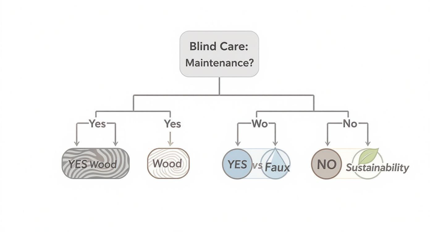 Flowchart illustrating blind care and maintenance options, comparing wood, faux wood, and sustainability choices.