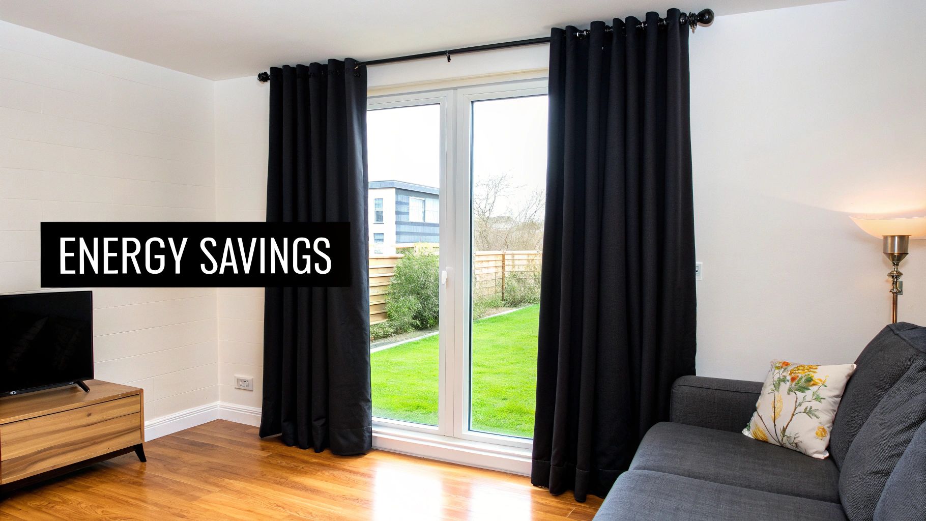 A cozy living room with dark thermal curtains on a large window overlooking a green backyard.