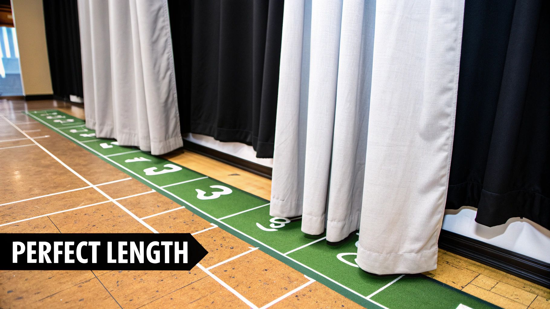 Three different curtain lengths demonstrated: one floating above the floor, one just touching, and one puddling elegantly.