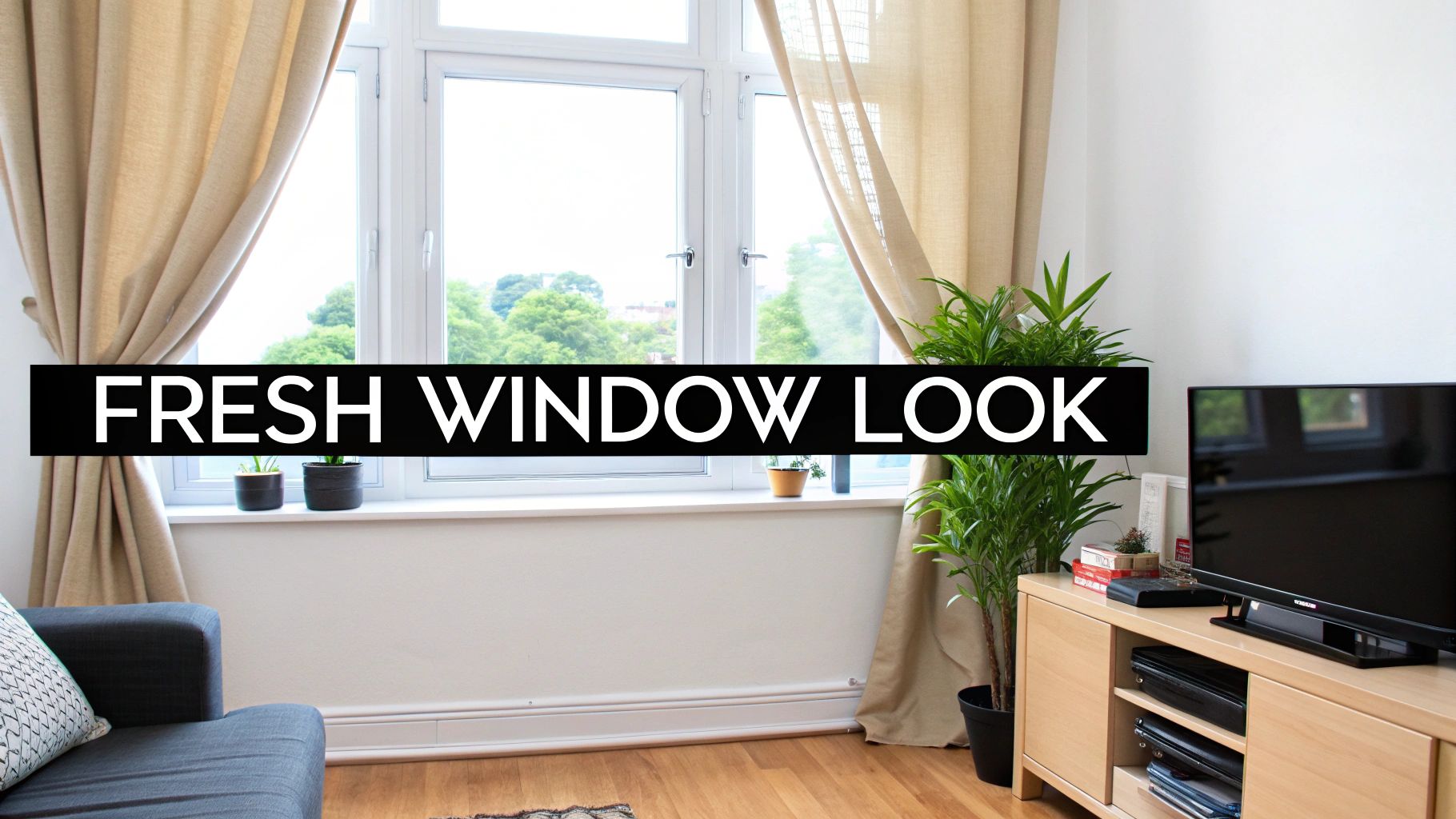 Bright living room with a large window and light beige curtains, a simple but effective DIY window treatment idea.