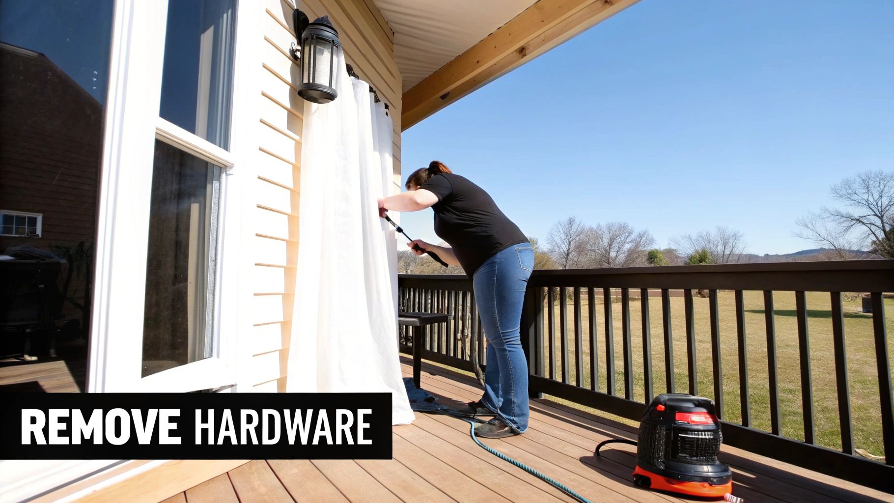 A woman on a sunny deck removes curtain hardware from an outdoor curtain, with a cleaning device nearby.