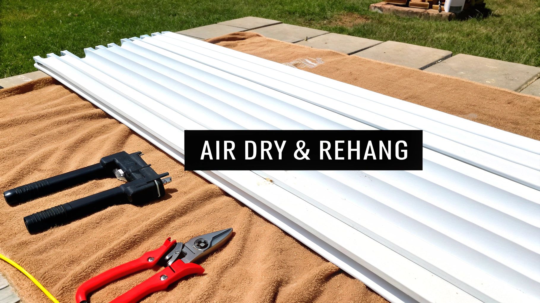A person carefully rehanging clean, dry vertical blind vanes onto the headrail.