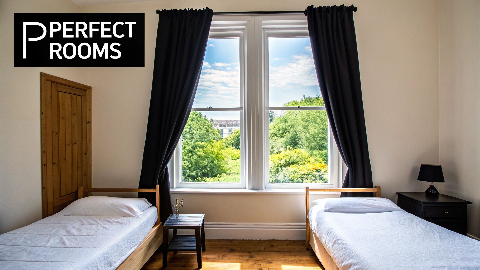 Bright room with two single beds, large window, black curtains, and a green garden view.