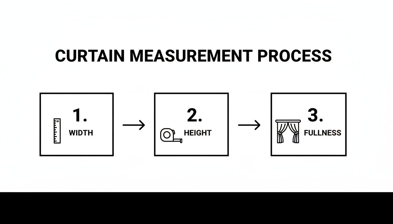 A three-step guide illustrating the curtain measurement process, covering width, height, and fullness, a crucial step when you pick out curtains.