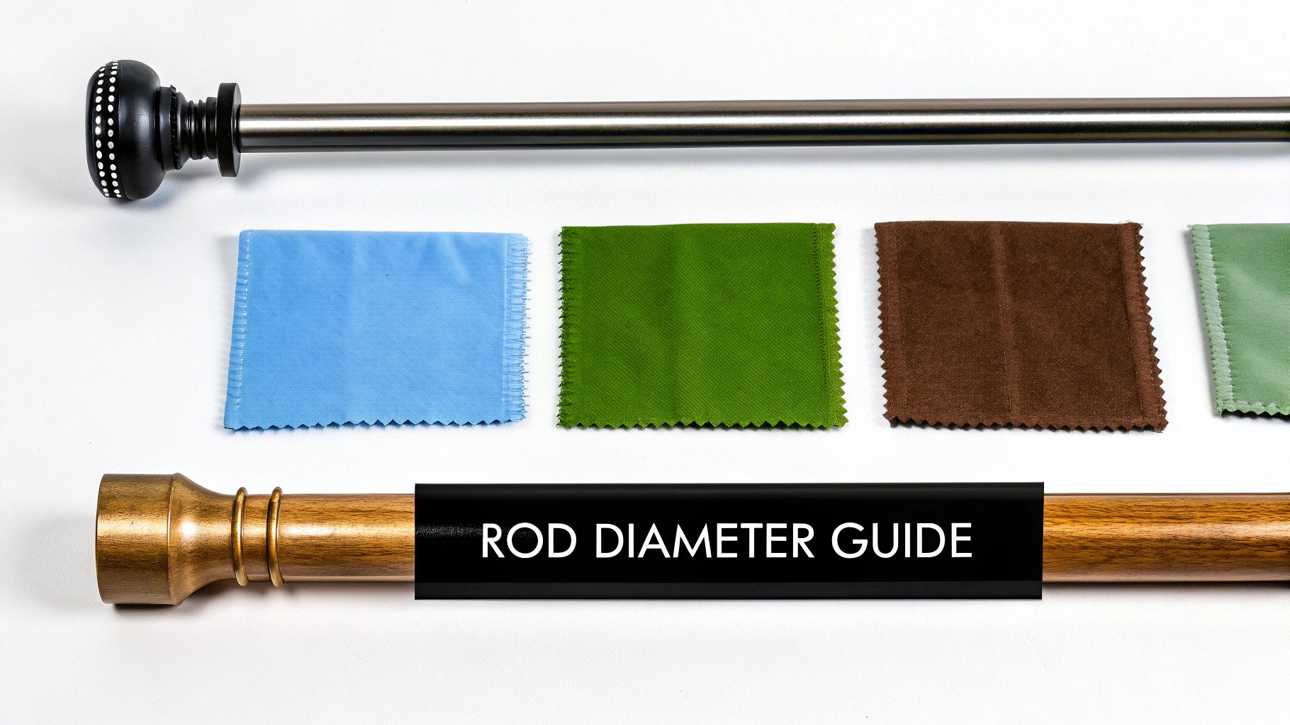 A close-up of two curtain rods, one metallic and one wooden, with fabric swatches and a 'Rod Diameter Guide' label.