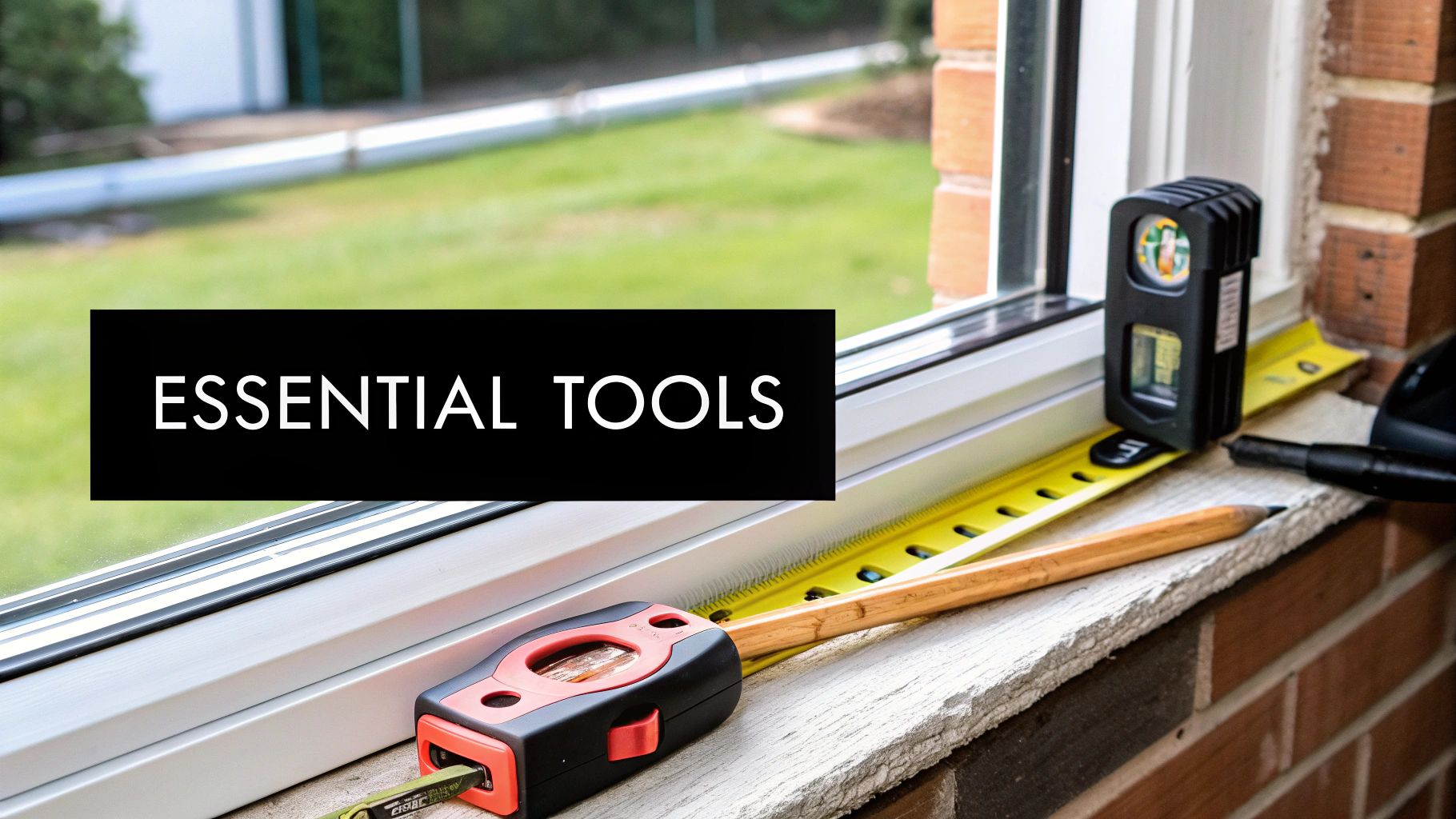 A person using a steel tape measure to measure a window frame for drapes, with a notepad and pencil nearby.