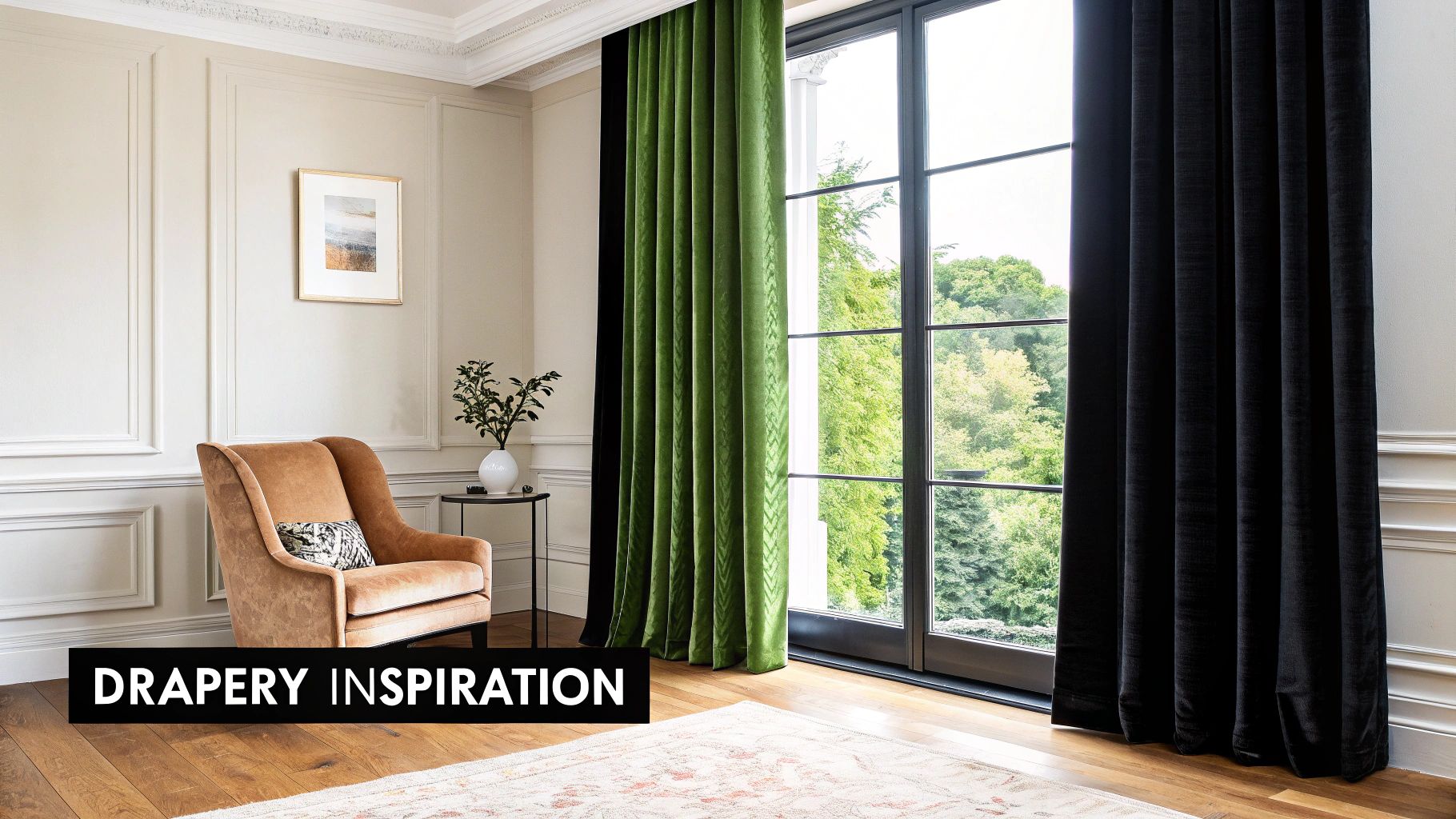 Elegant living room with green and black velvet curtains on tall windows, a brown armchair, and artwork.