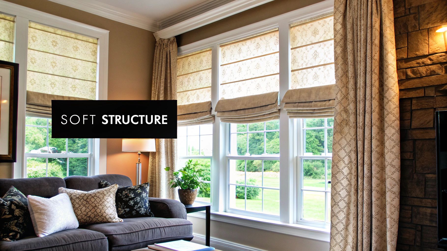 A white linen Roman shade hangs in a modern farmhouse dining room window.