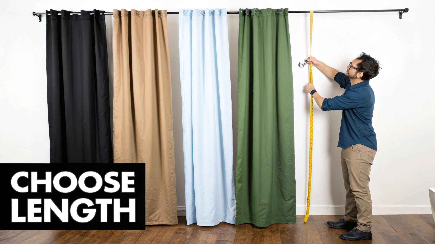 Three windows side-by-side, each showing a different curtain length: float, kiss, and puddle, to illustrate the styles.