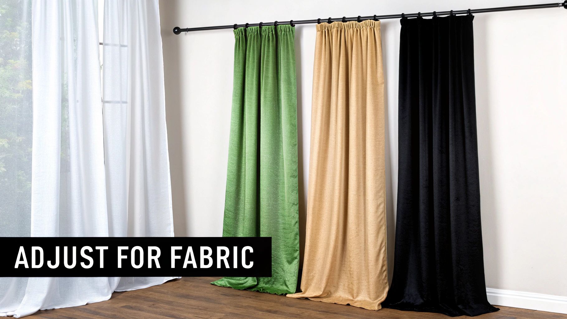 Three colored curtain panels in green, beige, and black hanging on rod demonstrating fabric adjustment
