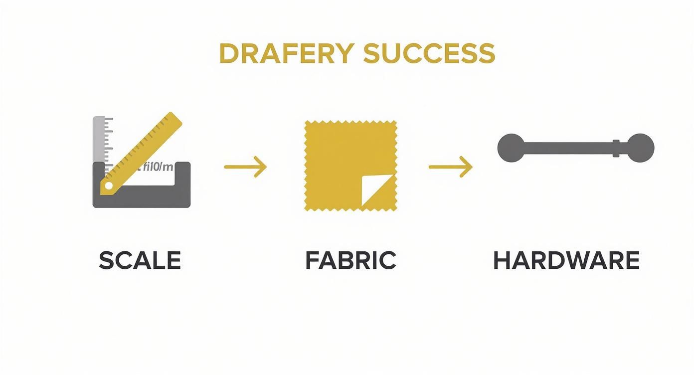 Drapery success workflow diagram showing three steps: scale measurements, fabric selection, and hardware installation