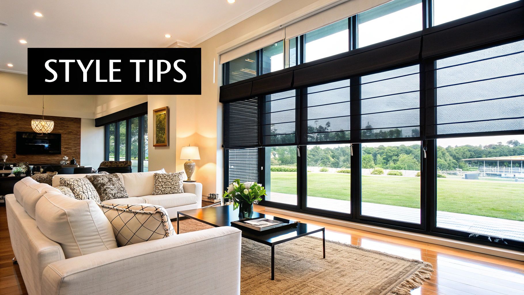 A sleek motorized roller shade covering a large window, controlled by a remote.