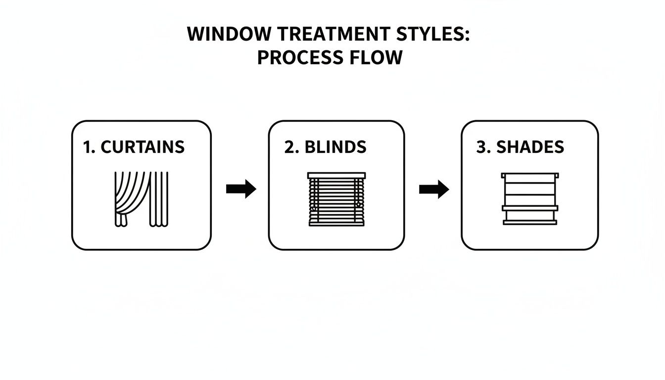 A clear process flow diagram showcasing three main window treatment styles: Curtains, Blinds, and Shades. Alt text: Flow chart showing bay window treatment designs: curtains for elegance, blinds for control, and shades for a modern look.