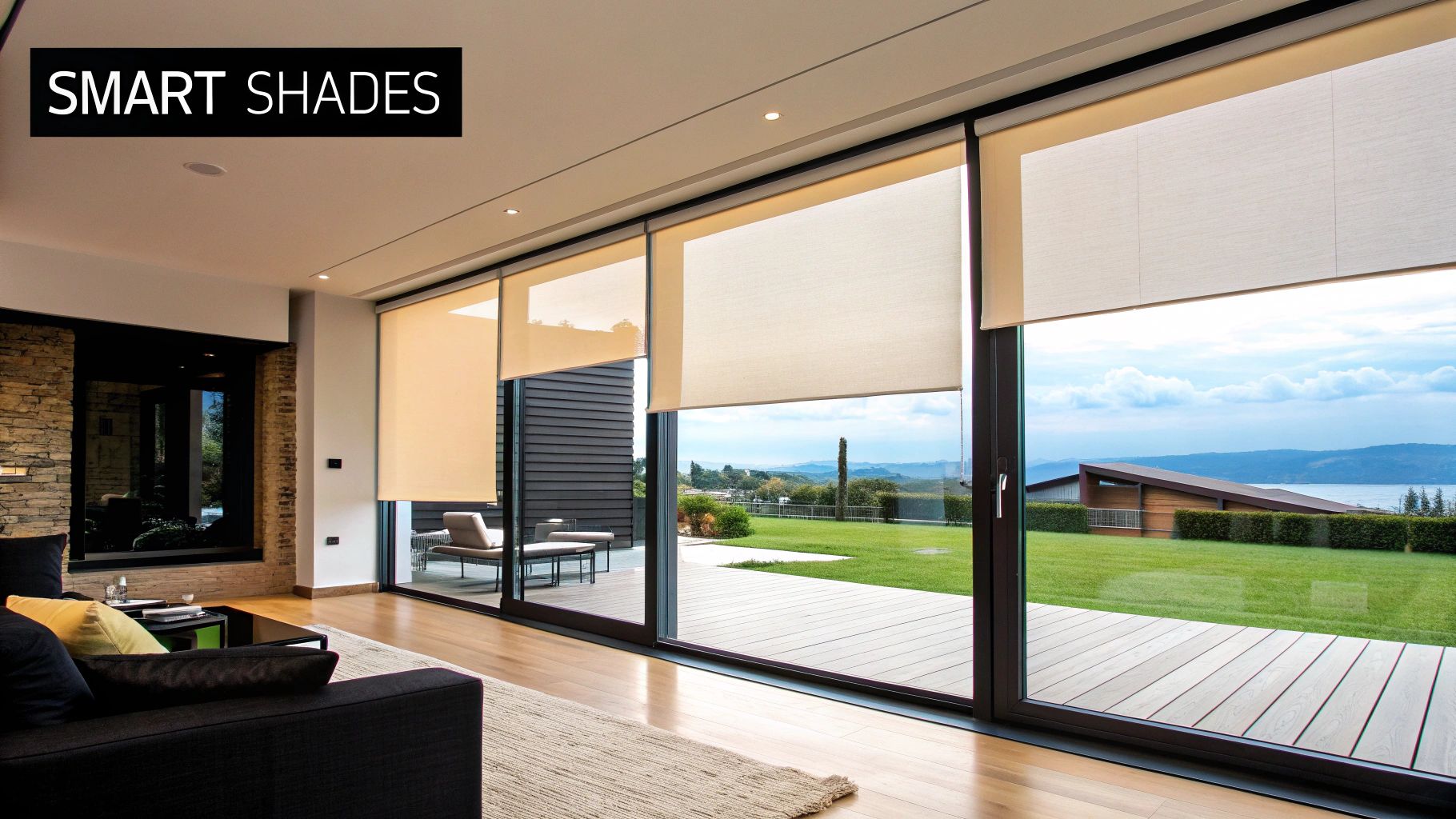 Motorized roller shades are one of the best window treatment ideas for big windows in a modern home.