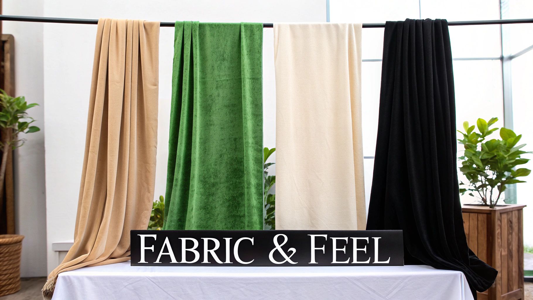Four luxurious drapes of beige, green, cream, and black fabric hanging with a 'FABRIC & FEEL' sign.