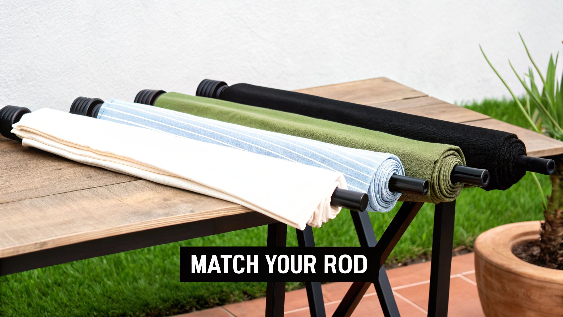 Four rolls of curtain fabric in cream, blue stripes, green, and black on black rods.