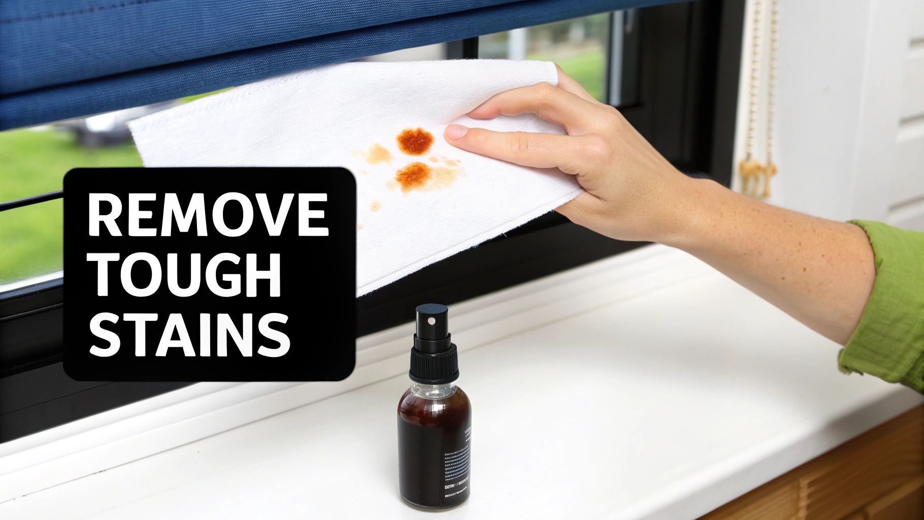 A hand cleans brown stains from a white cloth near a window with a roman shade, next to a spray bottle.