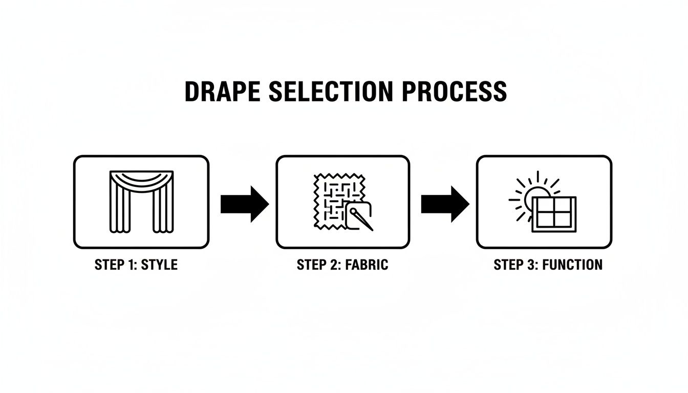 A flowchart showing the drape selection process in three steps: style, fabric, and function.