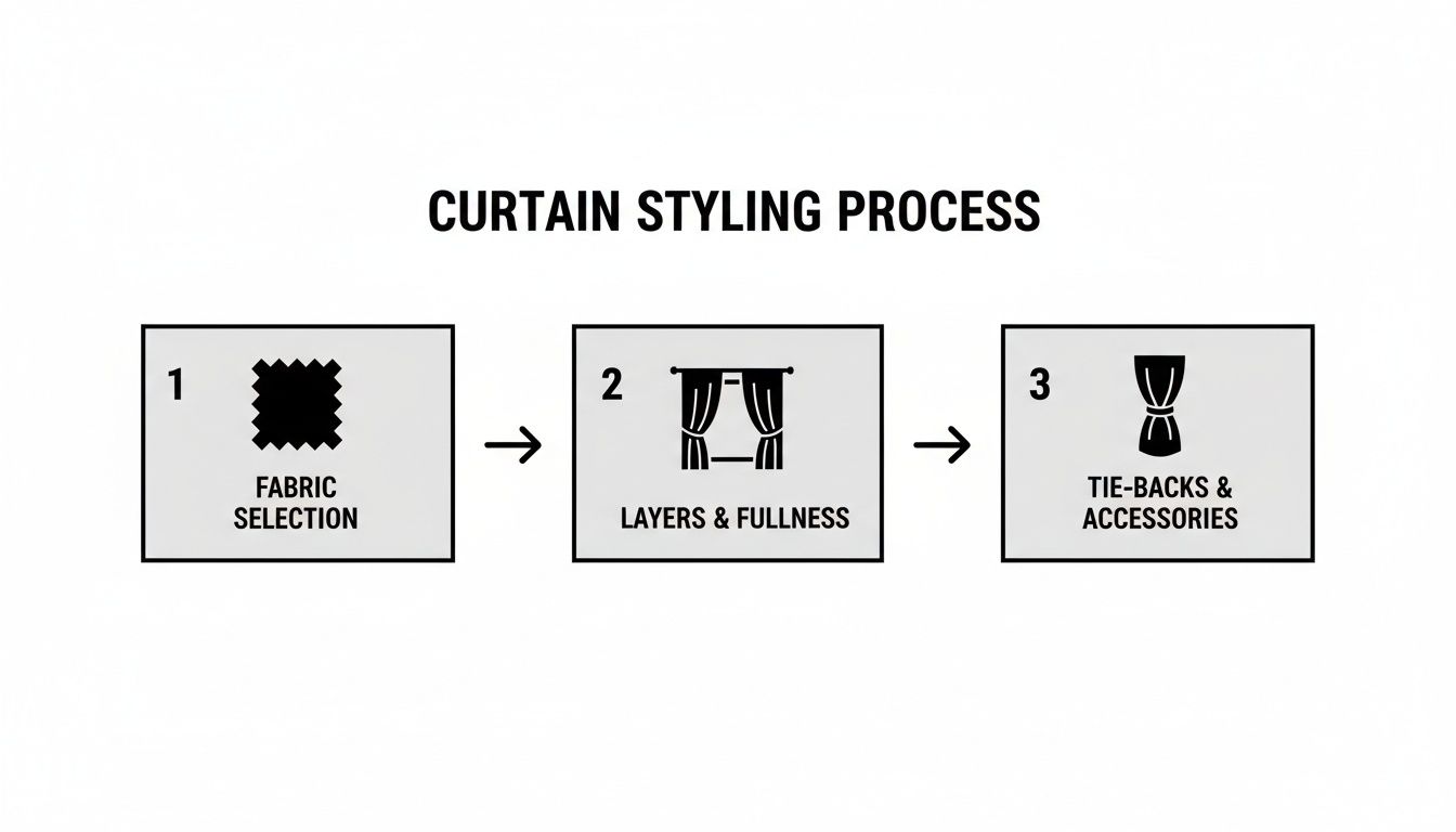 A three-step guide to curtain styling process: fabric selection, layers and fullness, tie-backs and accessories.