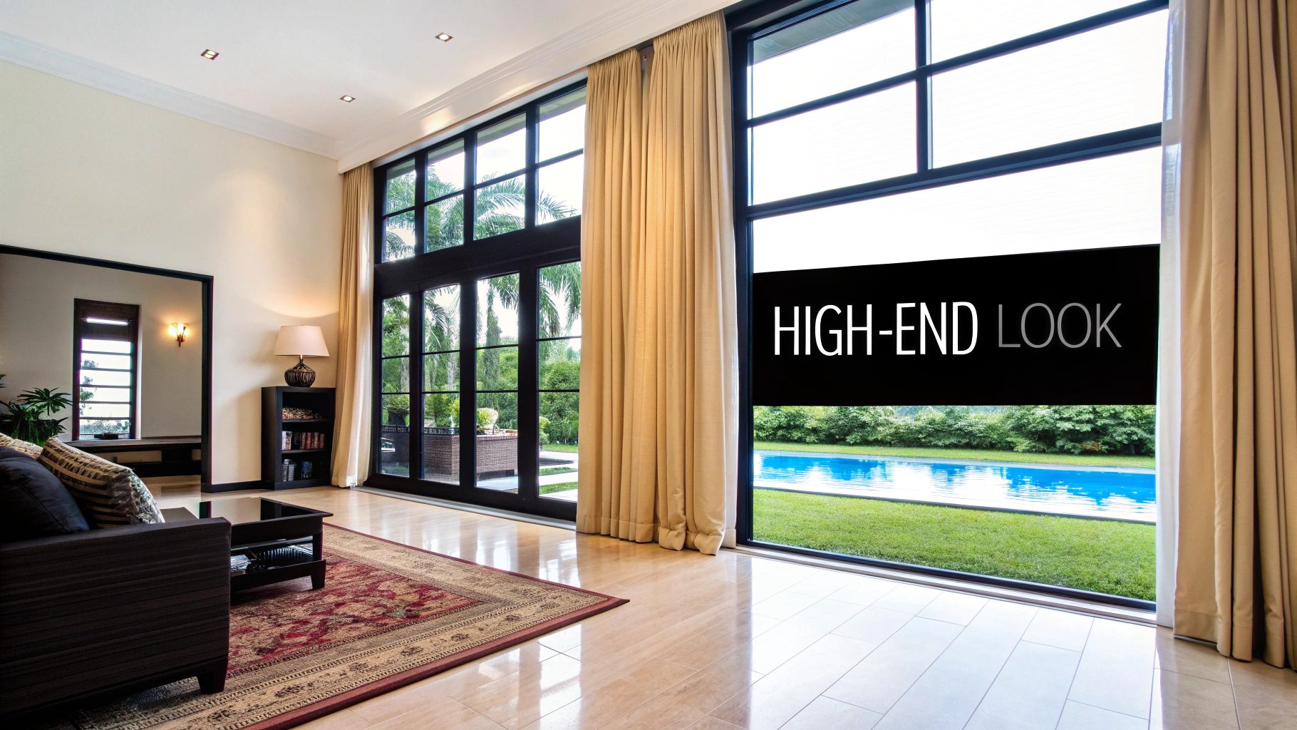 A luxurious living room with large windows, cream curtains, a pool, and garden outside.