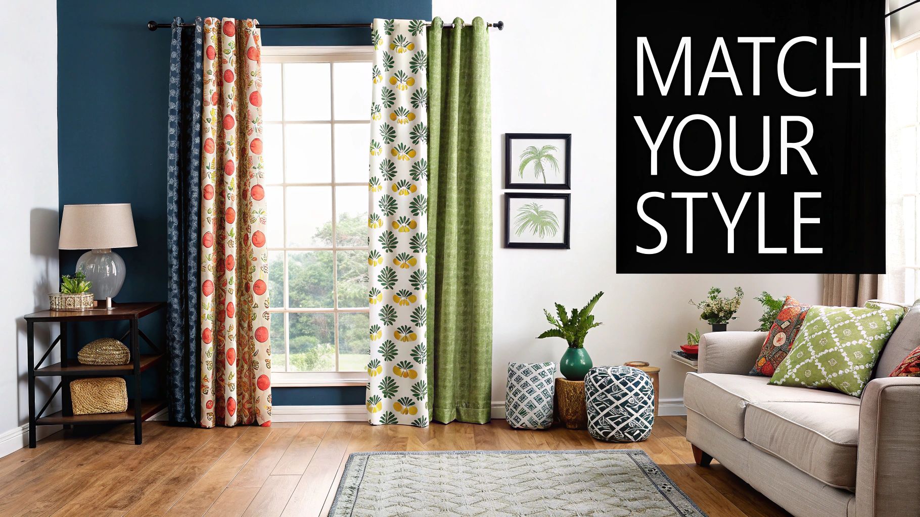 Living room featuring colorful drapes that complement the room's decor, including a light sofa and wooden floor.