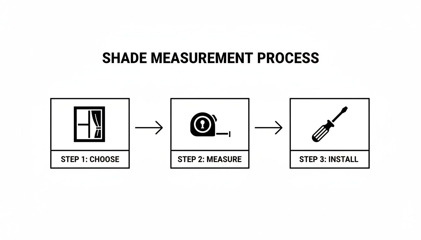 A three-step infographic outlining the shade measurement process: choose, measure with tape, and install with screwdriver.