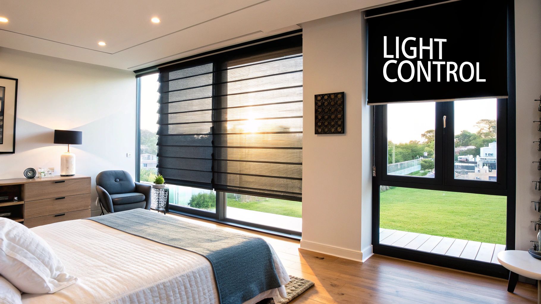 Two windows side-by-side, one with room darkening curtains showing a soft glow and the other with blackout curtains showing complete darkness.