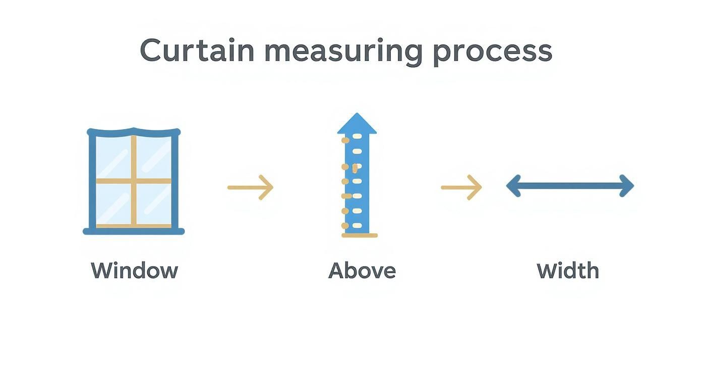 Illustrative diagram showing the curtain measuring process for windows, including height above and width.