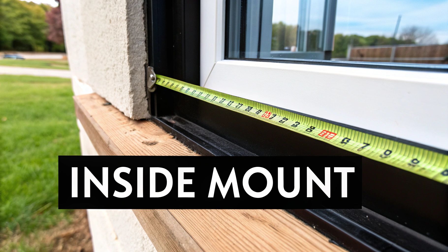 A person using a steel tape measure for an outside mount measurement on a window frame.