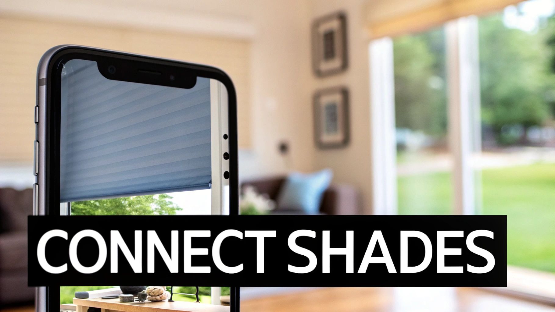 A smartphone displays light blue cellular shades on its screen, connecting to smart window treatments.