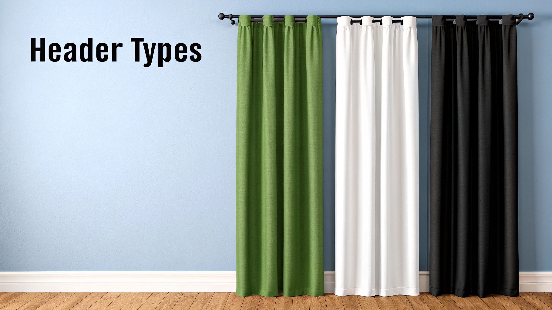 Three curtains in green, white, and black demonstrating various curtain header types on a rod.