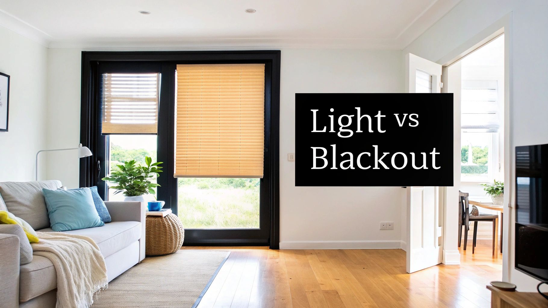 A stylish living room with light filtering shades that create a soft, ambient glow.