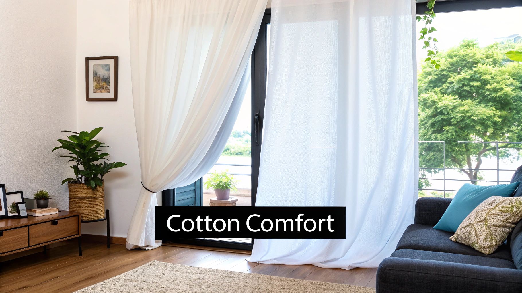 A bright living room with light-filtering cotton curtains.