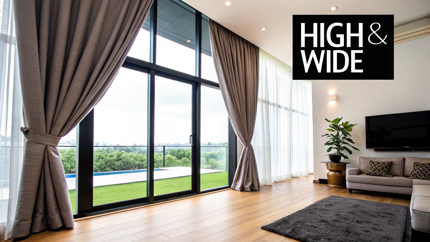 A modern living room with high glass windows, floor-length brown curtains, and a view of a pool and lush greenery.