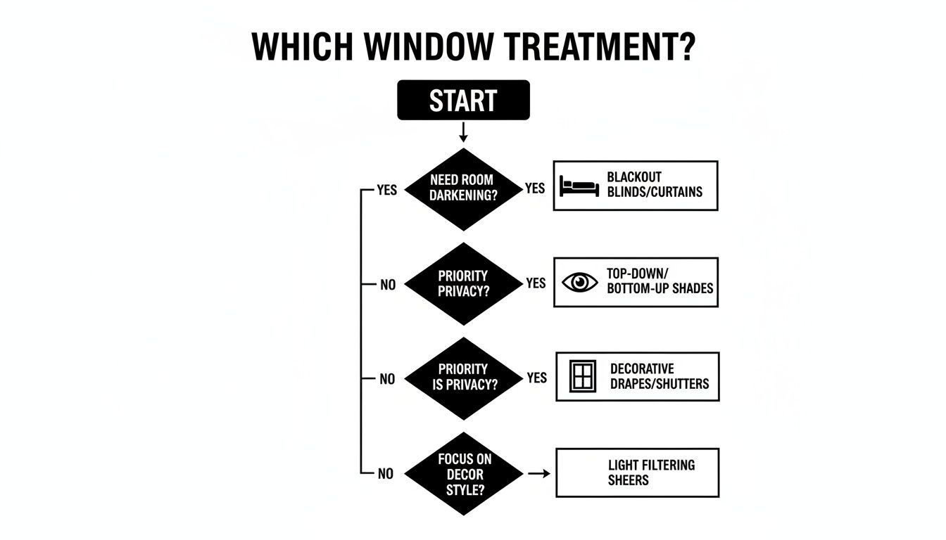 Flowchart guiding the selection of window treatments based on need for room darkening, priority privacy, and decor style.